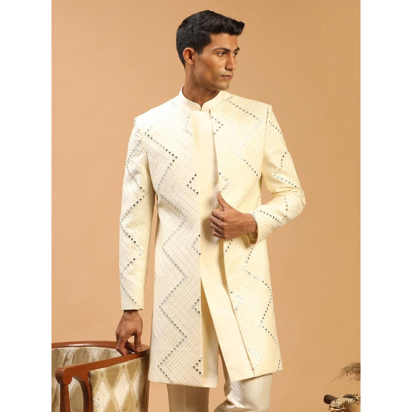 VASTRAMAY Men's Cream Viscose Sherwani Only Top | Mirror work Embellished Viscose Indo Western For Men.