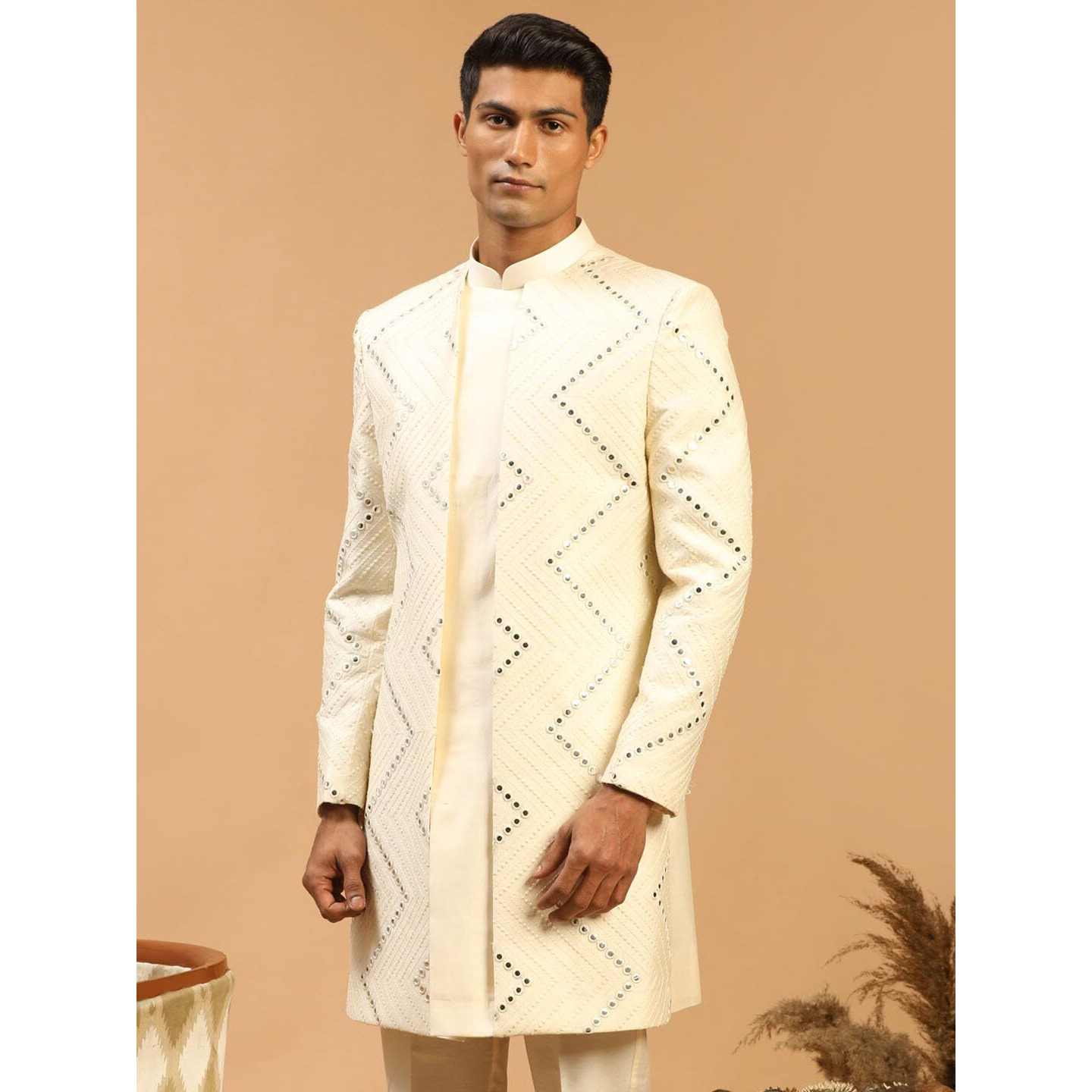 VASTRAMAY Men's Cream Viscose Sherwani Only Top | Mirror work Embellished Viscose Indo Western For Men.
