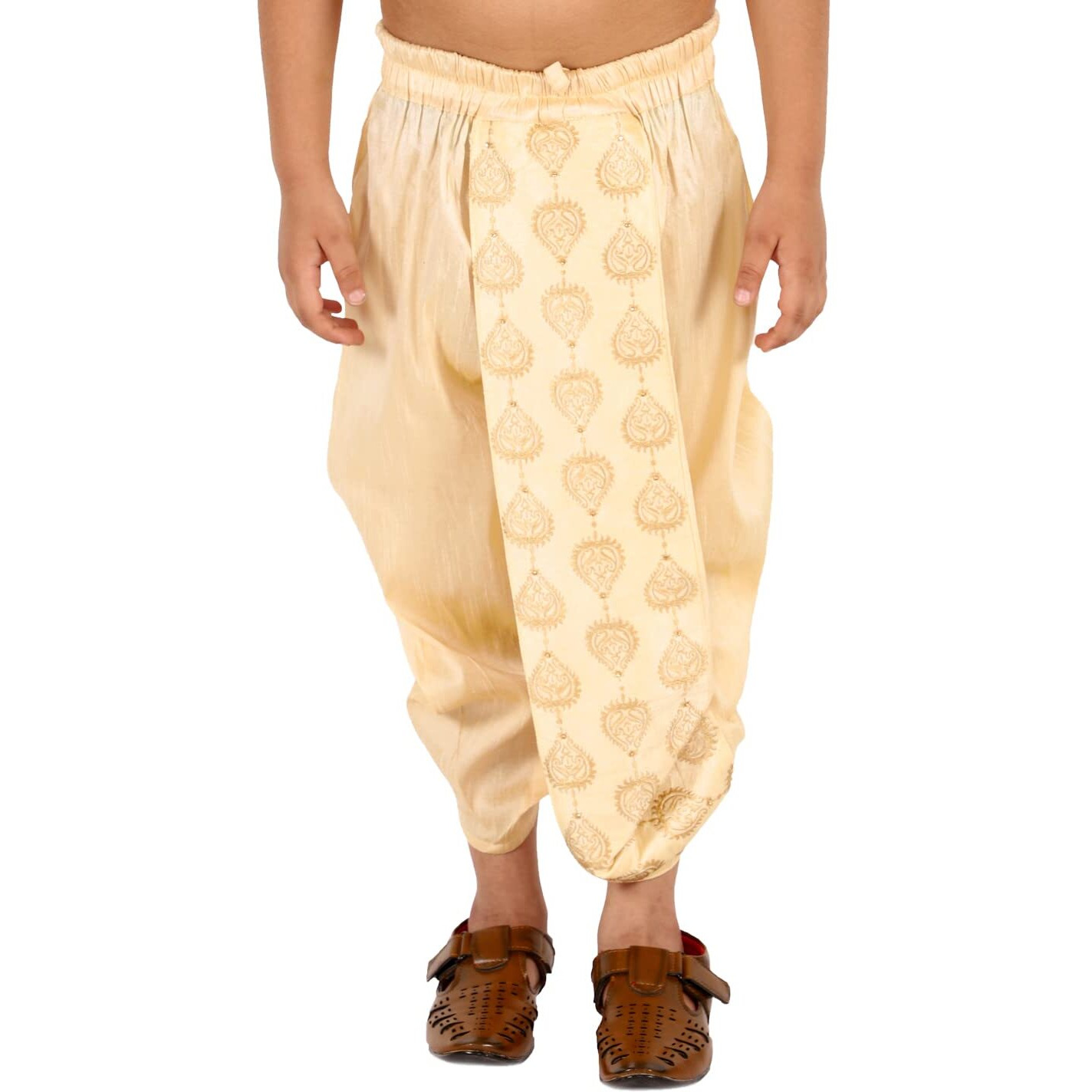 VASTRAMAY Boys' Golden Traditional Embroidered Dhoti  Ready-to-Wear Silk Blend with Elasticated Waistband for Casual, Formal, and Festive Occasions