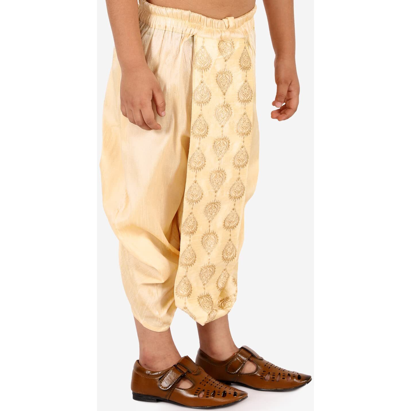 VASTRAMAY Boys' Golden Traditional Embroidered Dhoti  Ready-to-Wear Silk Blend with Elasticated Waistband for Casual, Formal, and Festive Occasions