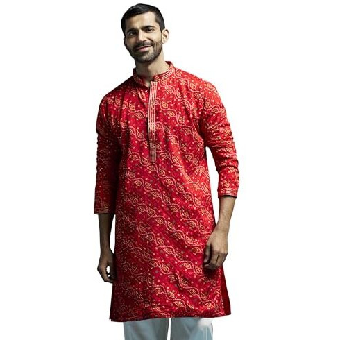 VASTRAMAY Men's Red Chinon Kurta | Chinon Printed Embroidered Secuenced Kurta for Men.