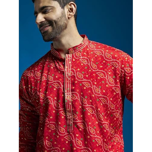 VASTRAMAY Men's Red Chinon Kurta | Chinon Printed Embroidered Secuenced Kurta for Men.