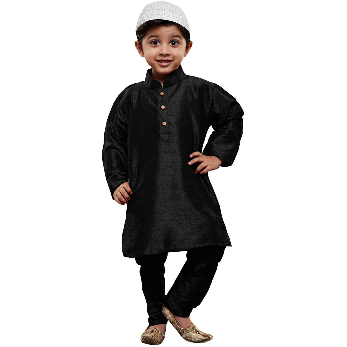 VASTRAMAY Boys' Black Silk Blend Kurta Pyjama Set with Cap-VASBKBL001nPBLnC_14
