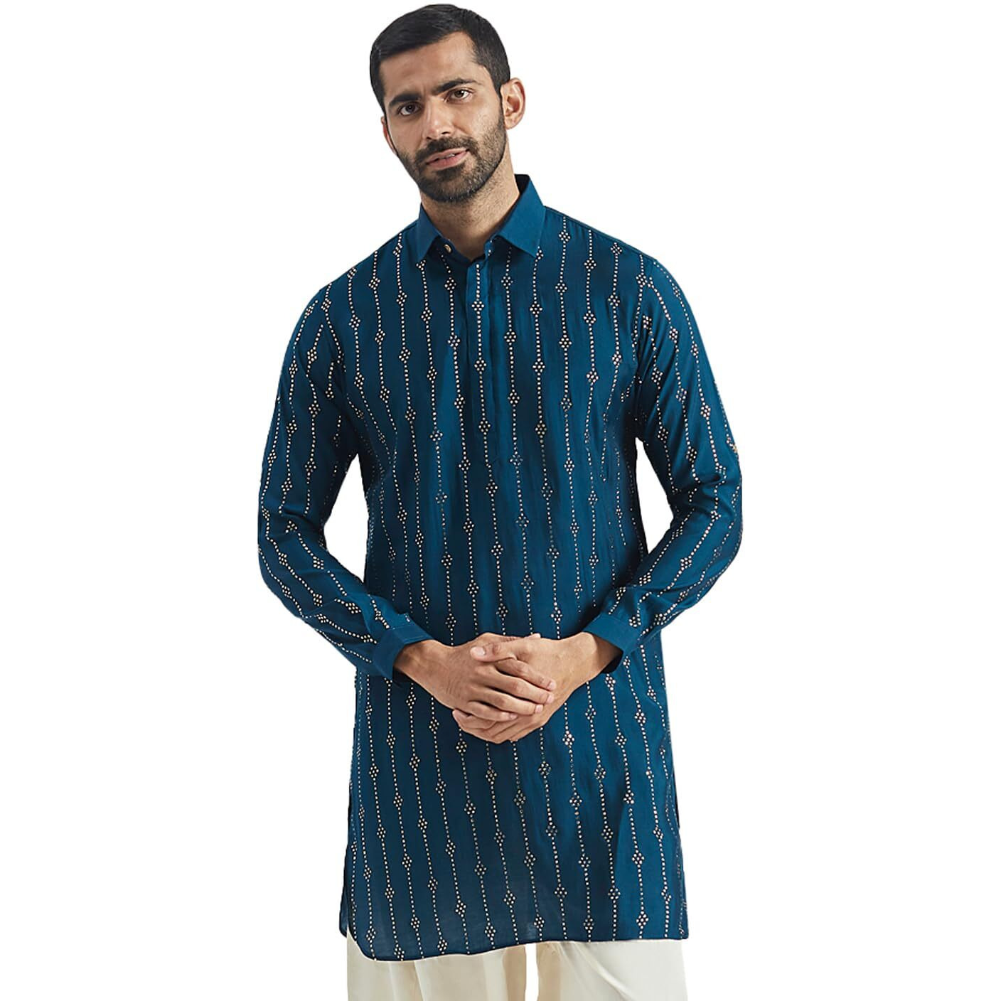 VASTRAMAY Men's Turquoise Silk Blend Kurta, Silk Blend Foil Printed Kurta Men for Weddings & Festivals, Traditional Indian Wear