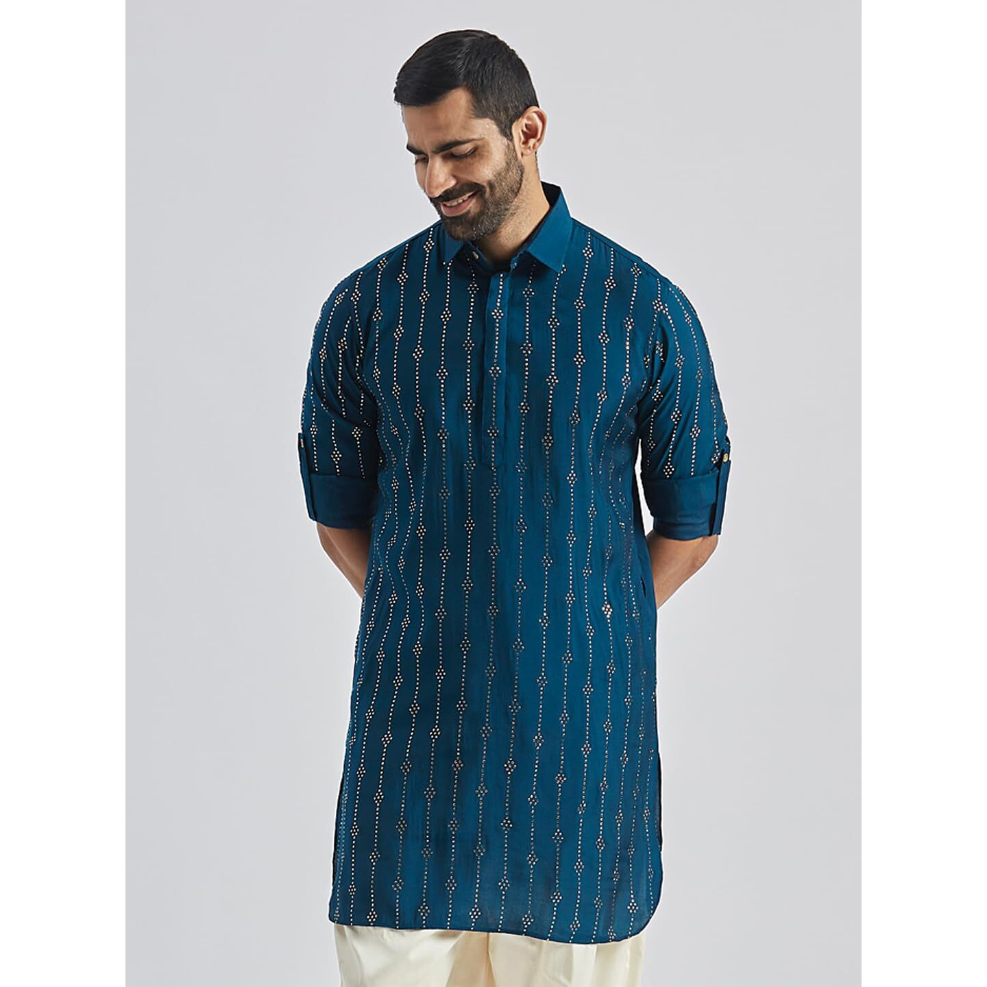VASTRAMAY Men's Turquoise Silk Blend Kurta, Silk Blend Foil Printed Kurta Men for Weddings & Festivals, Traditional Indian Wear
