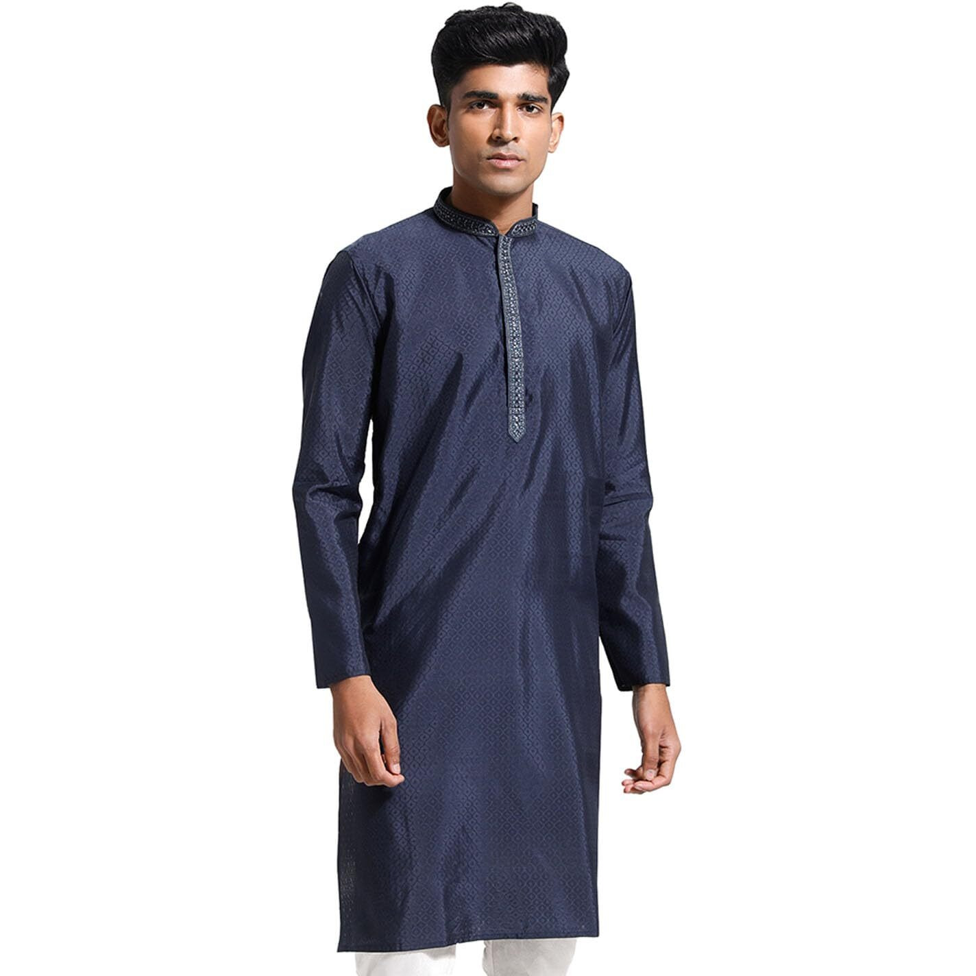 VASTRAMAY Men's Navy Blue Blend Kurta I Jacquard Embroidery Knee Length Kurta I Fastive Party Wedding Traditions Kurta_VASMK278NB_42