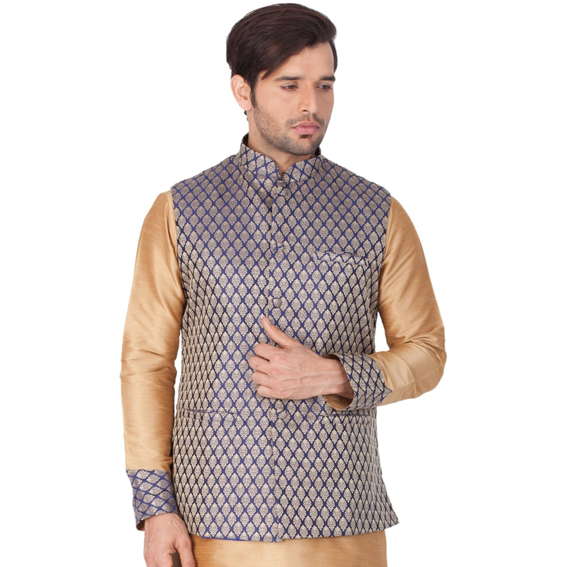 VASTRAMAY Mens Silk Blend Nehru Jackets (Blue_VASMJBU005_44)