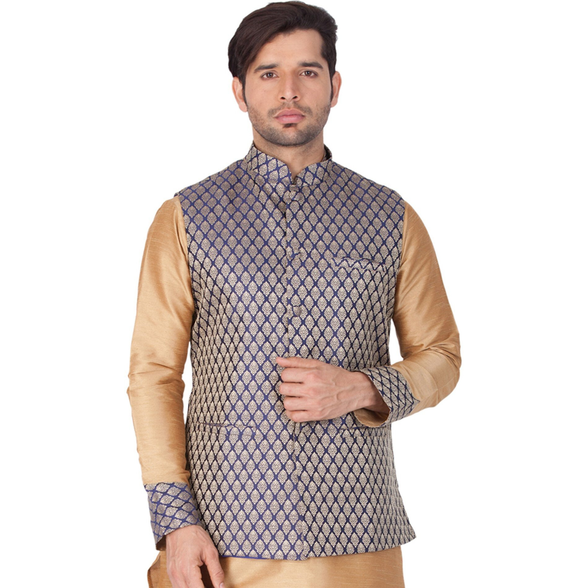 VASTRAMAY Mens Silk Blend Nehru Jackets (Blue_VASMJBU005_44)