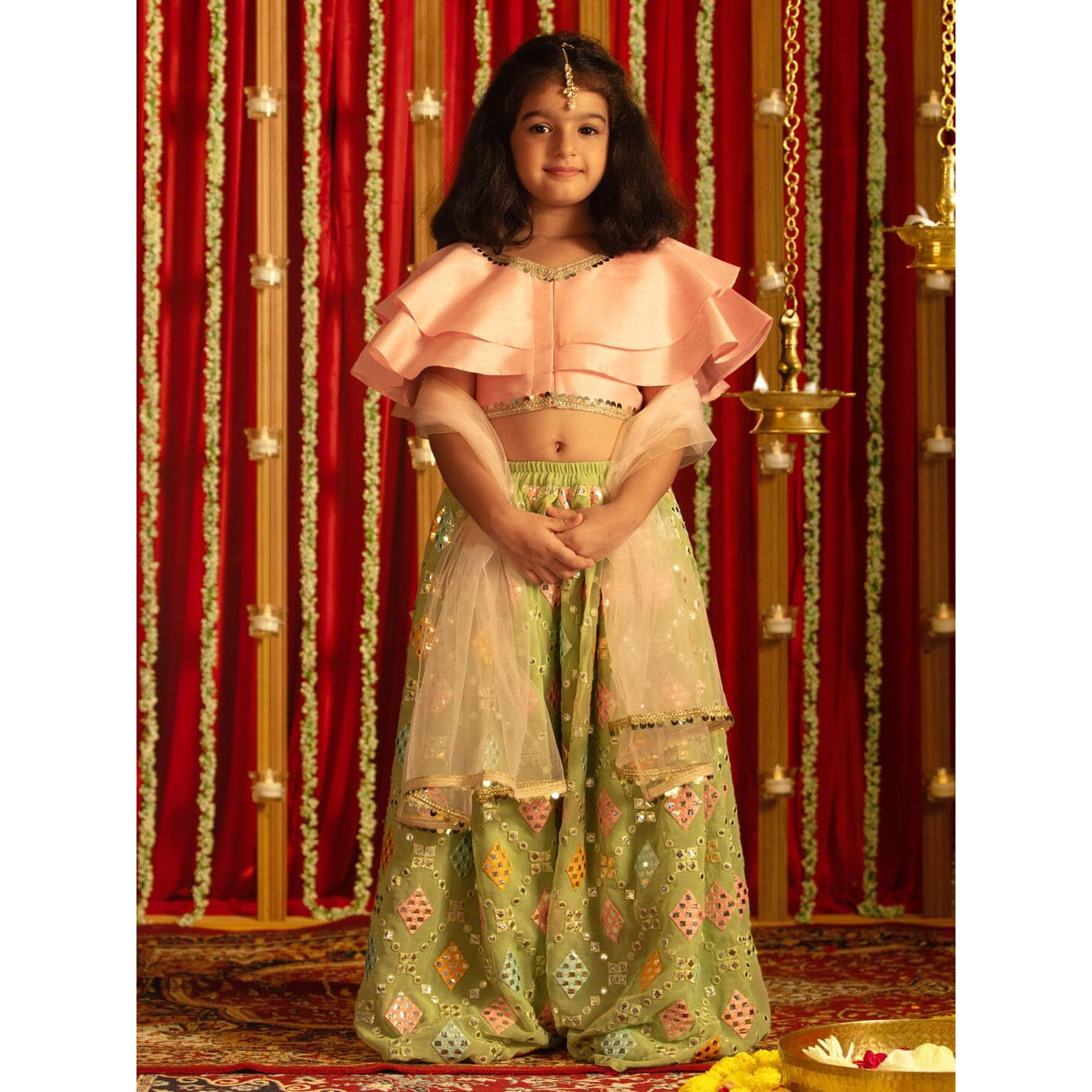 VASTRAMAY Girls' Pink And Mint Green Lehenga Set_VASGLC042MG_30