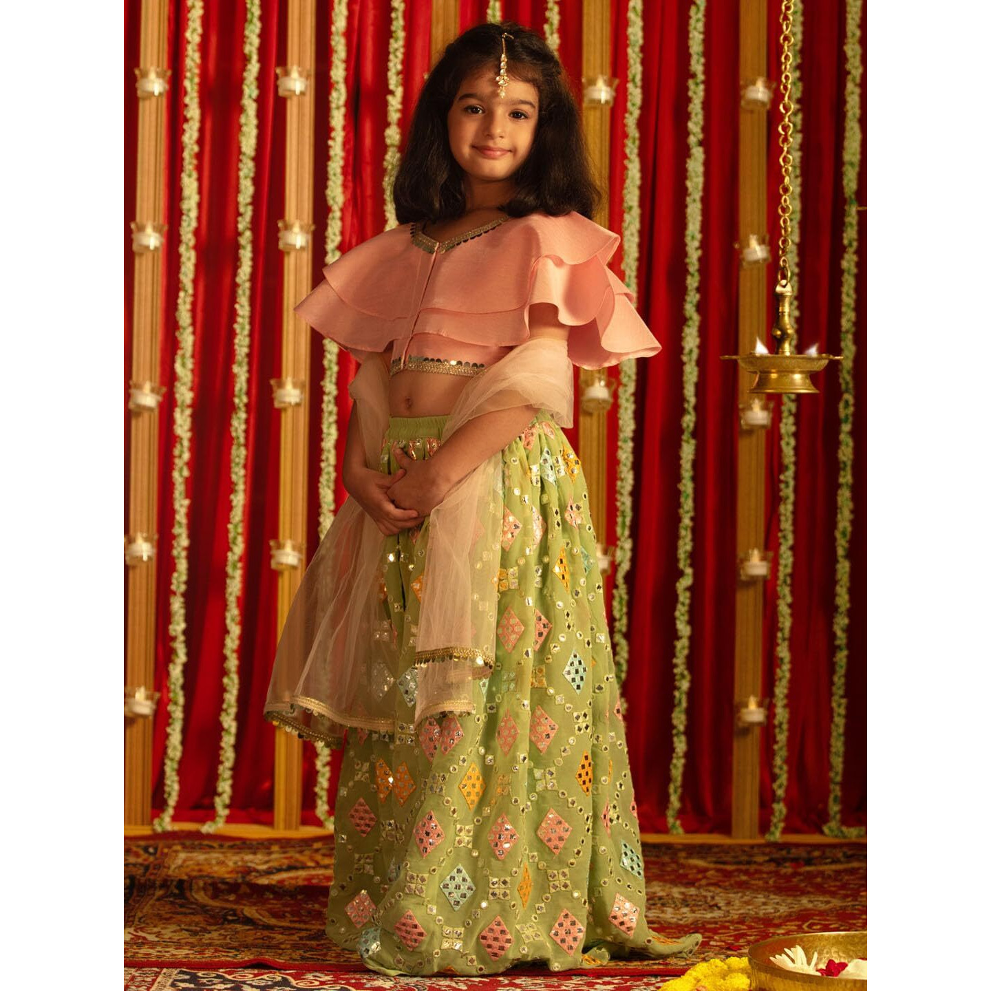 VASTRAMAY Girls' Pink And Mint Green Lehenga Set_VASGLC042MG_30