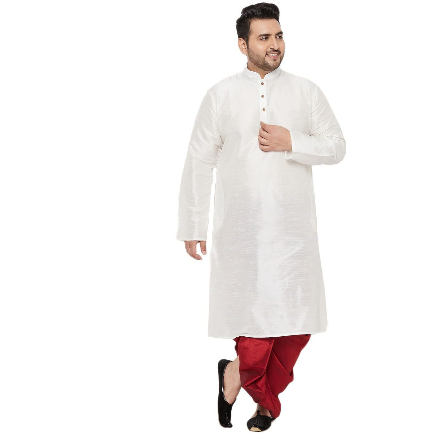 VASTRAMAY Plus Men's White And Maroon Silk Blend Kurta and Dhoti Set_VPLUSMKWH001nDTMA_44