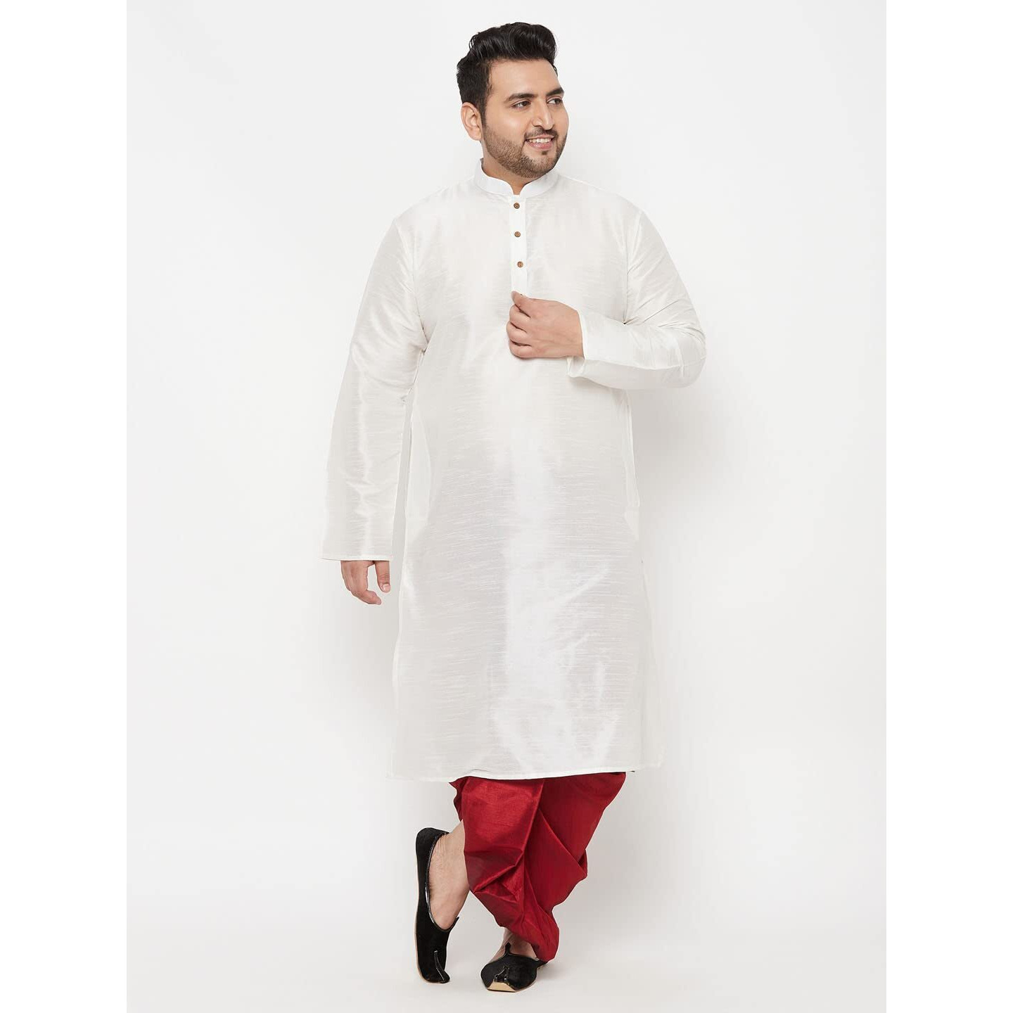 VASTRAMAY Plus Men's White And Maroon Silk Blend Kurta and Dhoti Set_VPLUSMKWH001nDTMA_44