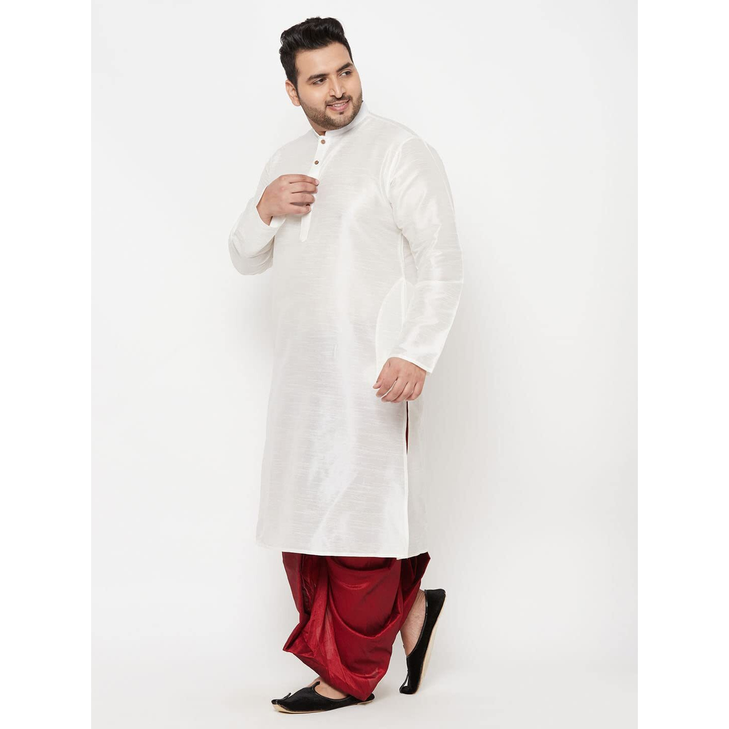 VASTRAMAY Plus Men's White And Maroon Silk Blend Kurta and Dhoti Set_VPLUSMKWH001nDTMA_44