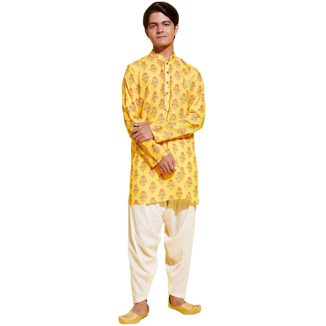 VASTRAMAY YUVA Boys' Multicolor-Base-Mustard And Cream Kurta Patiala Set_VYUVBUK007ORnPTYCR_36L