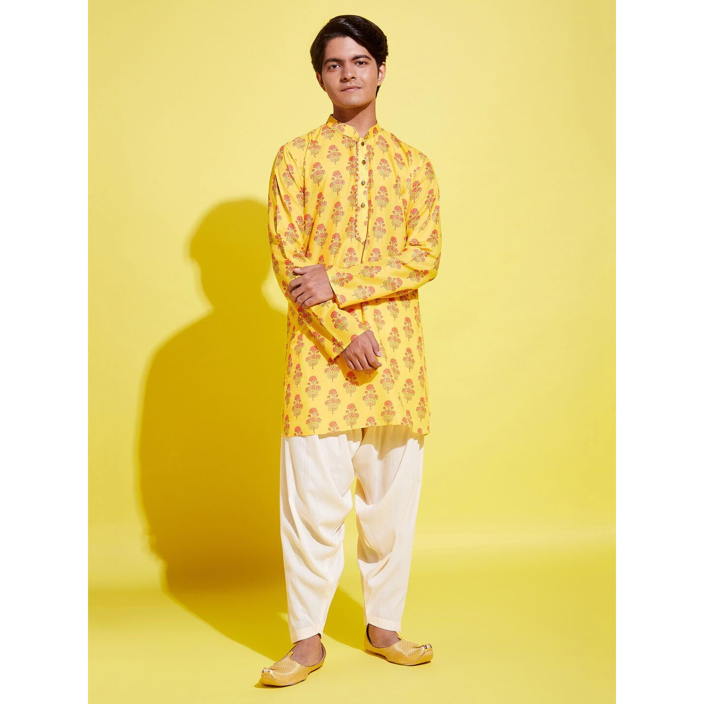 VASTRAMAY YUVA Boys' Multicolor-Base-Mustard And Cream Kurta Patiala Set_VYUVBUK007ORnPTYCR_36L