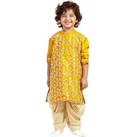 VASTRAMAY Boys' Mustard Kurta And Patiala Set - Silk Blend Embroidered Sequined Kurta Pyjama Set For Boy's