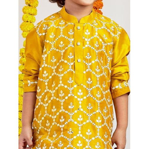 VASTRAMAY Boys' Mustard Kurta And Patiala Set - Silk Blend Embroidered Sequined Kurta Pyjama Set For Boy's