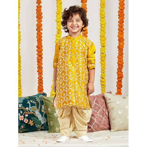 VASTRAMAY Boys' Mustard Kurta And Patiala Set - Silk Blend Embroidered Sequined Kurta Pyjama Set For Boy's