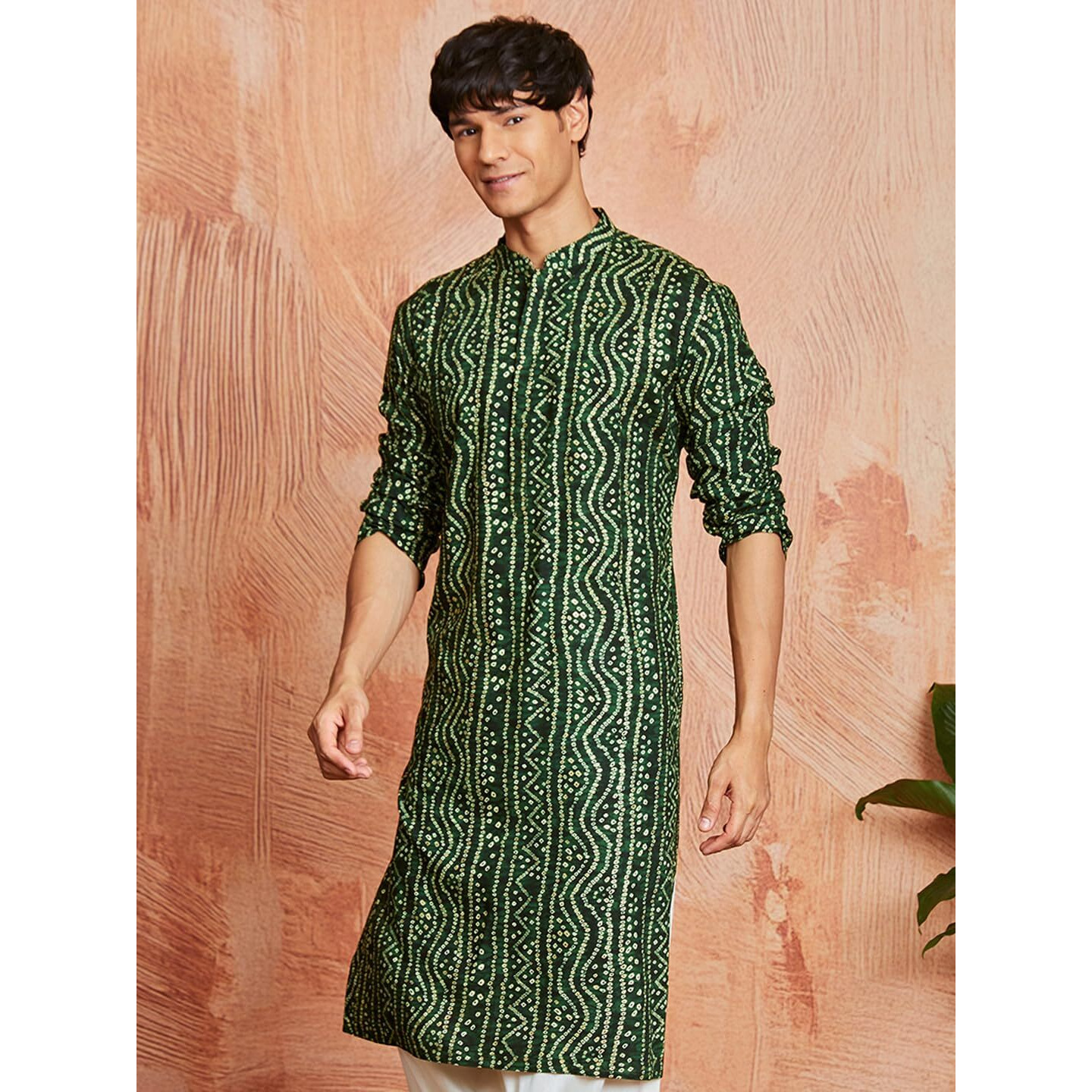 VASTRAMAY Men's Cotton Bandhani Printed Kurta  Stylish Ethnic Wear for Festive & Occasions Green