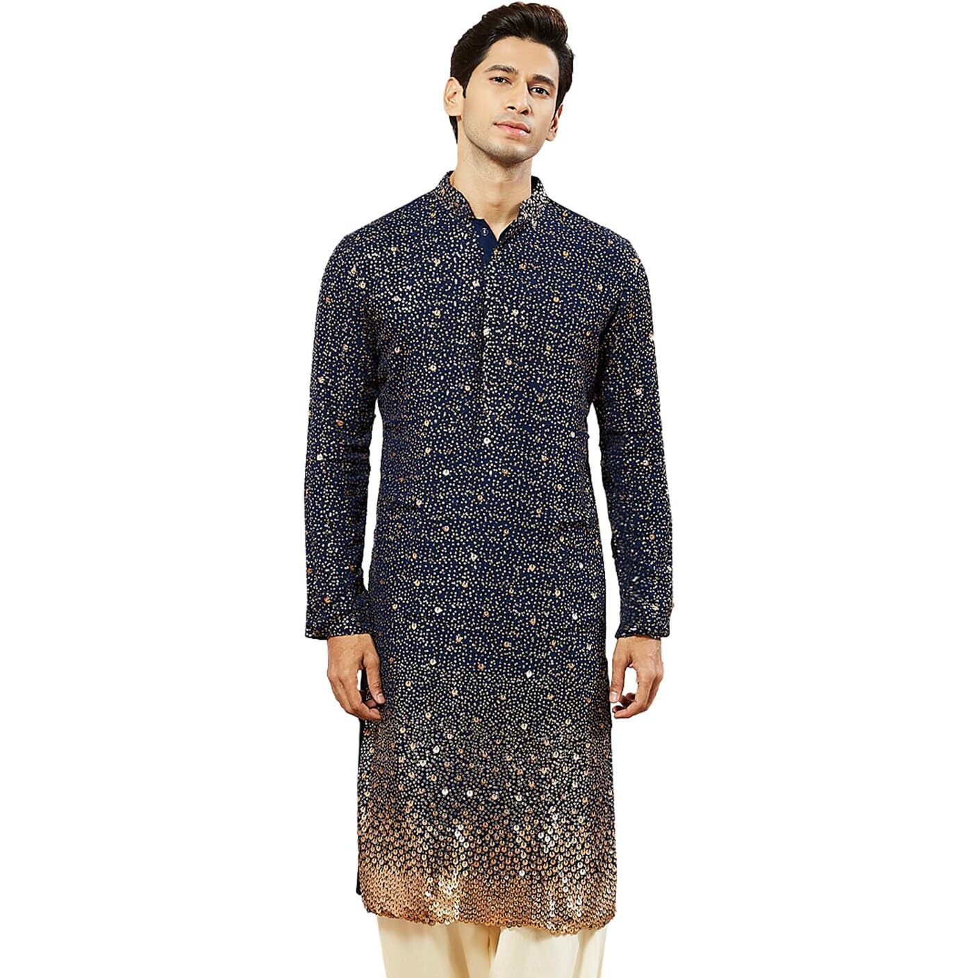 VASTRAMAY Men's Navy Blue Georgette Kurta, All Over sequinced in Ombre Design Kurta for Weddings & Festivals, Traditional Indian Wear