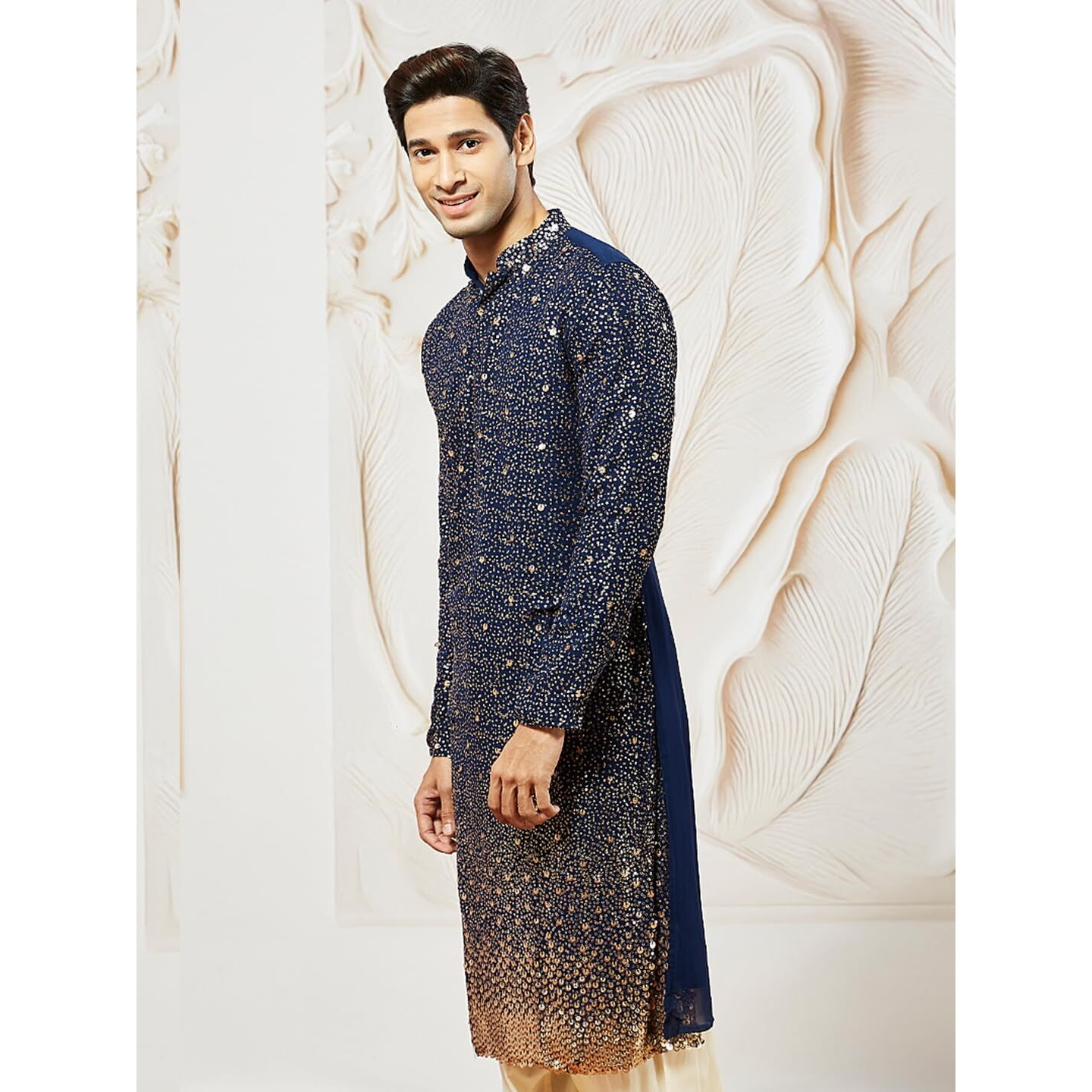 VASTRAMAY Men's Navy Blue Georgette Kurta, All Over sequinced in Ombre Design Kurta for Weddings & Festivals, Traditional Indian Wear