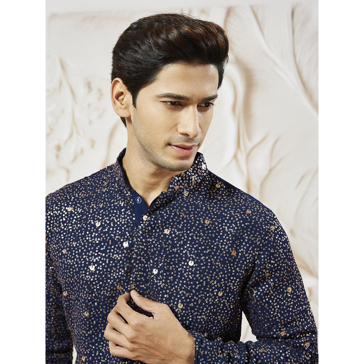 VASTRAMAY Men's Navy Blue Georgette Kurta, All Over sequinced in Ombre Design Kurta for Weddings & Festivals, Traditional Indian Wear