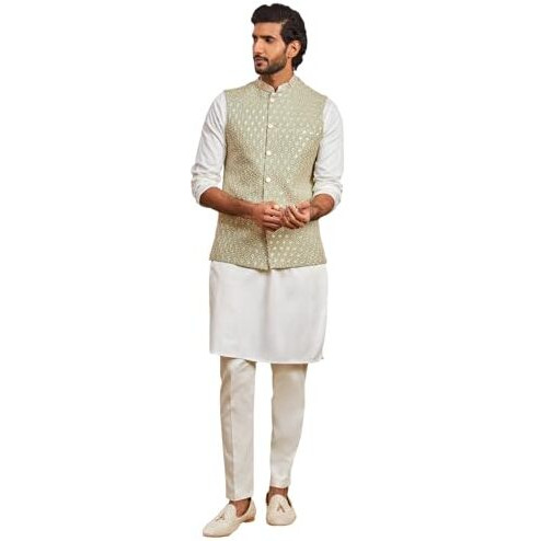 VASTRAMAY Men's Pista Green Fine Satin Nehru Jacket, Kurta And Pyjama Set. - This men's embroidered Nehru jacket, solid cream kurta, and pant set is a perfect blend of elegance and tradition.