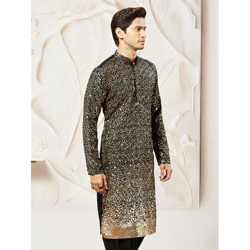 VASTRAMAY Men's Black Georgette Kurta, All Over sequinced in Ombre Design Kurta for Weddings & Festivals, Traditional Indian Wear