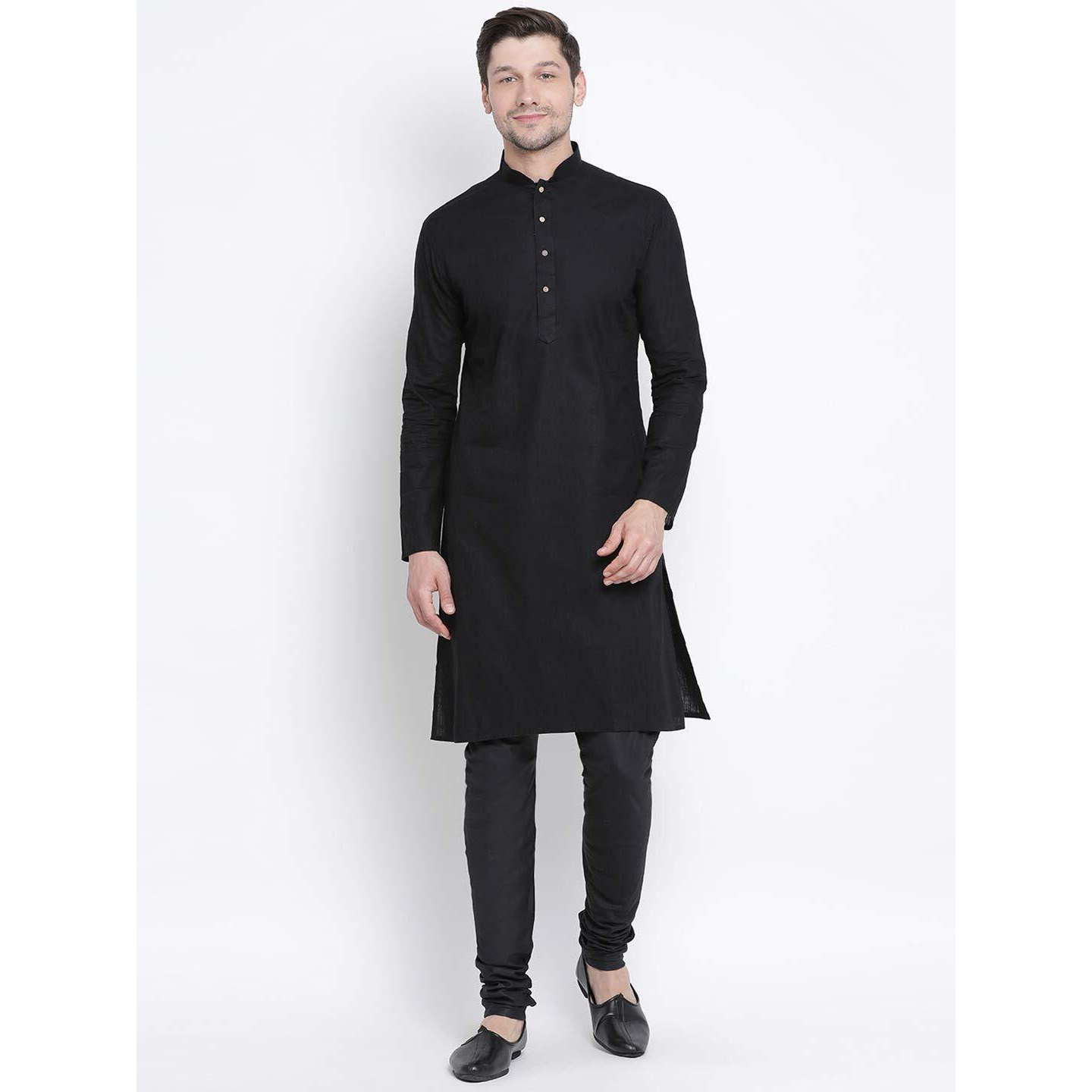 VASTRAMAY Men's Black Cotton Linen Blend Kurta Pyjama Set_VASMK007BLnPLBBL_44