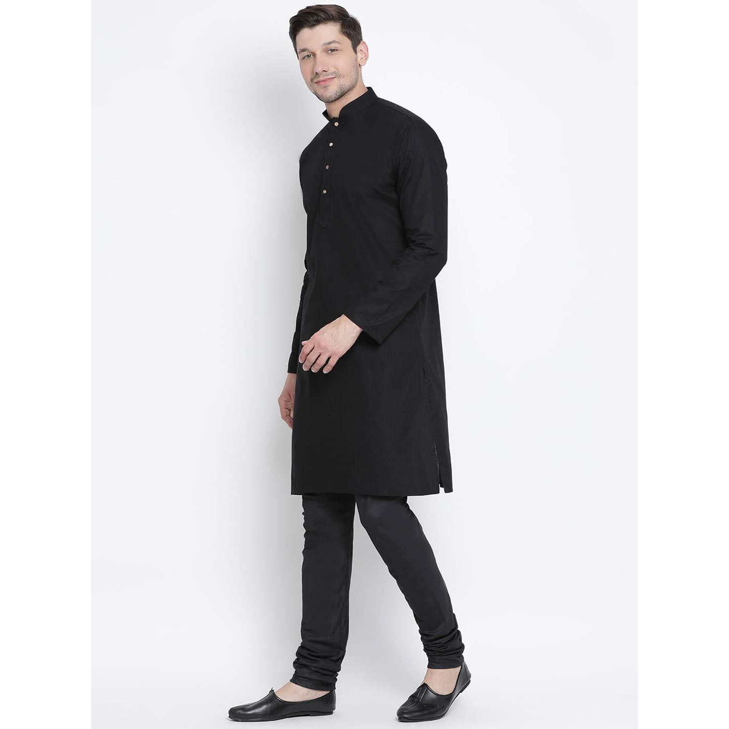 VASTRAMAY Men's Black Cotton Linen Blend Kurta Pyjama Set_VASMK007BLnPLBBL_44