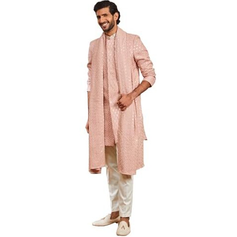 VASTRAMAY Men's Peach Rayon Indo Western,Pyjama And Dupatta Set - This men's embroidered Indo-Western, pant, and dupatta set is a perfect fusion of tradition and modern elegance.