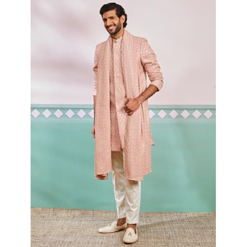 VASTRAMAY Men's Peach Rayon Indo Western,Pyjama And Dupatta Set - This men's embroidered Indo-Western, pant, and dupatta set is a perfect fusion of tradition and modern elegance.