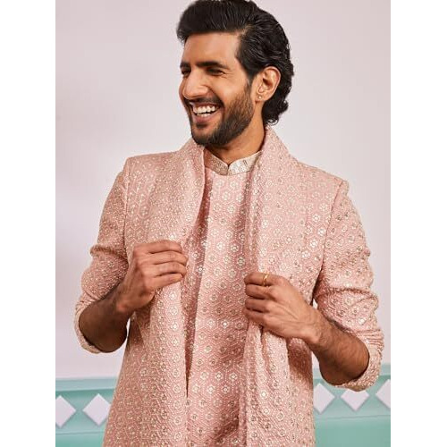 VASTRAMAY Men's Peach Rayon Indo Western,Pyjama And Dupatta Set - This men's embroidered Indo-Western, pant, and dupatta set is a perfect fusion of tradition and modern elegance.