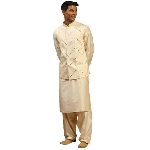 VASTRAMAY Men's Cream Viscose Jacket, Kurta and Pyjama Set | Mirror Work Chevron Pattern Chic Jacket Kurta Patiala Set For Men