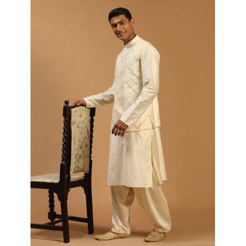 VASTRAMAY Men's Cream Viscose Jacket, Kurta and Pyjama Set | Mirror Work Chevron Pattern Chic Jacket Kurta Patiala Set For Men