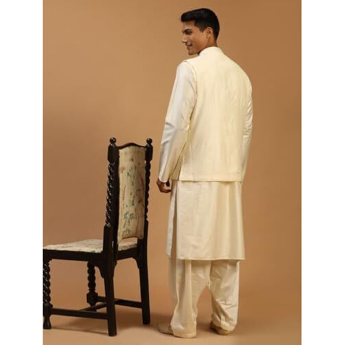 VASTRAMAY Men's Cream Viscose Jacket, Kurta and Pyjama Set | Mirror Work Chevron Pattern Chic Jacket Kurta Patiala Set For Men