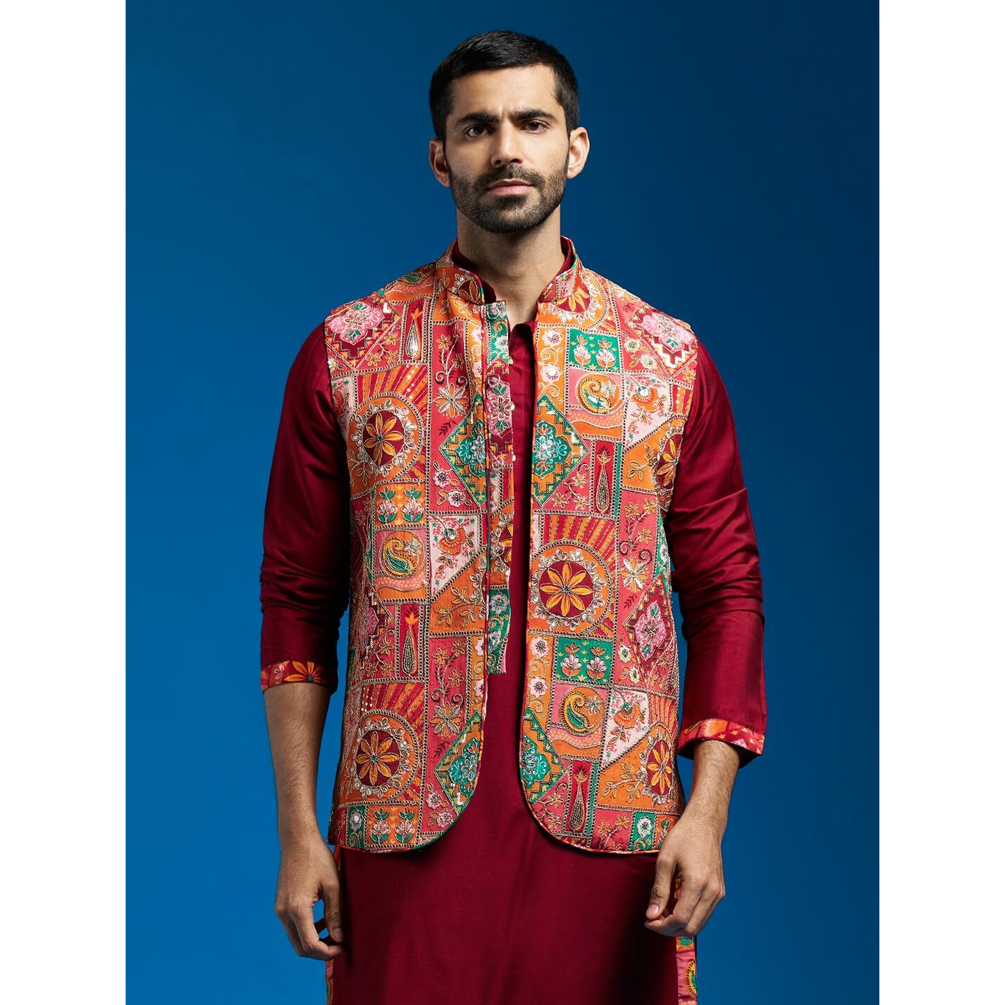 VASTRAMAY Men's - - Nehru Jacket | Allover Printed Embroidered Sequiend Nehru Jacket For Men.