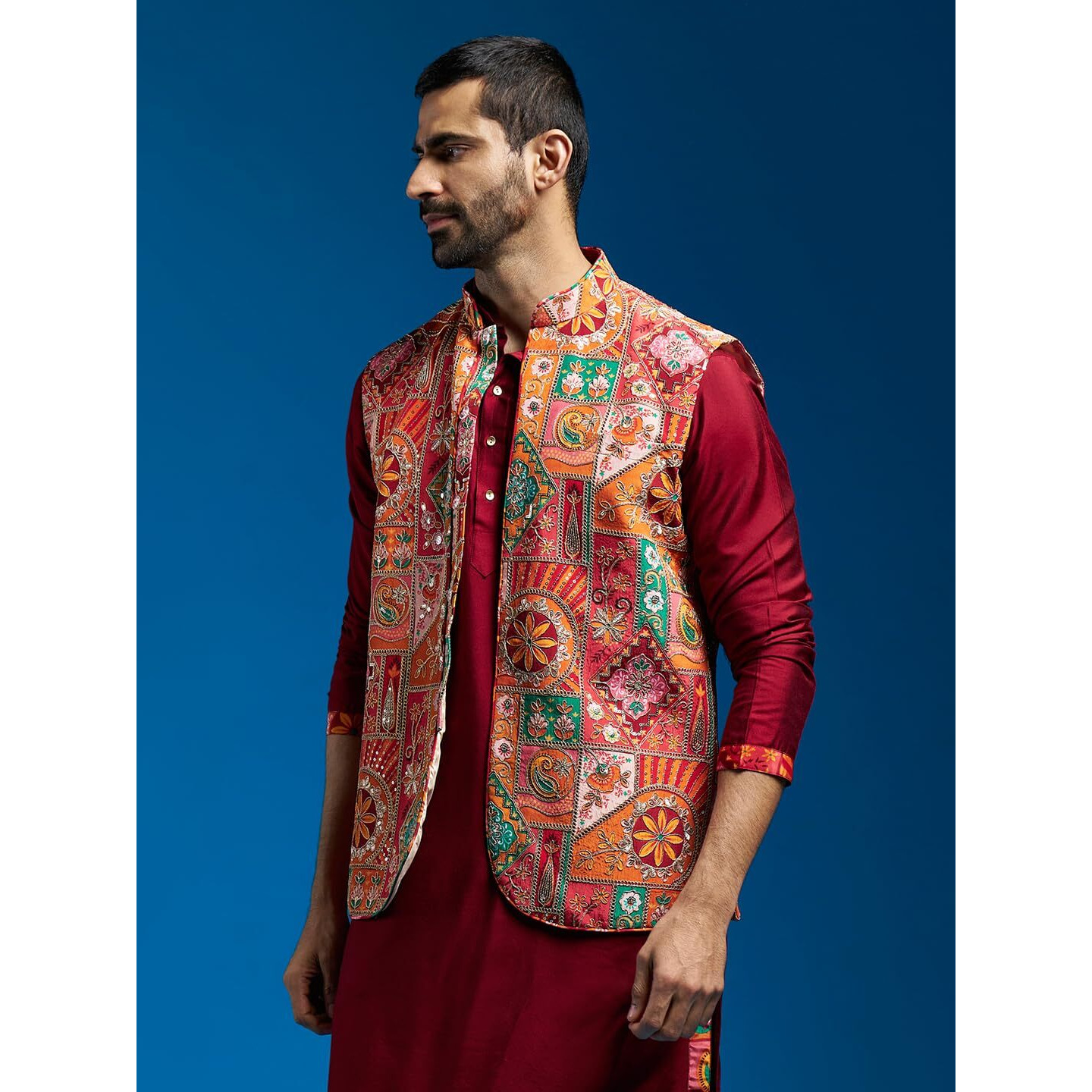 VASTRAMAY Men's - - Nehru Jacket | Allover Printed Embroidered Sequiend Nehru Jacket For Men.