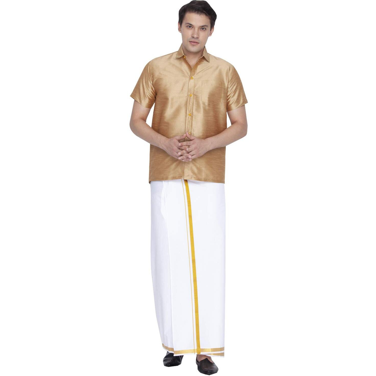 VASTRAMAY Men Gold Cotton Silk Shirt and Dhoti Set (VASMSH001RGnMU1_46)