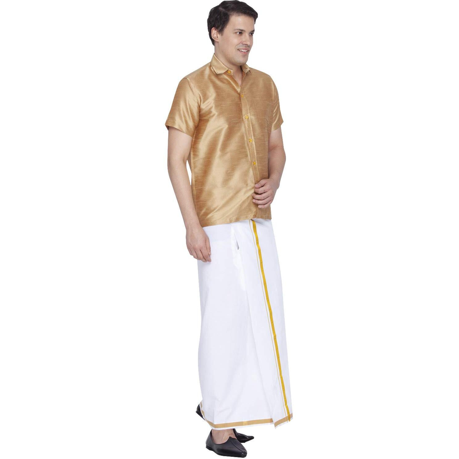 VASTRAMAY Men Gold Cotton Silk Shirt and Dhoti Set (VASMSH001RGnMU1_46)