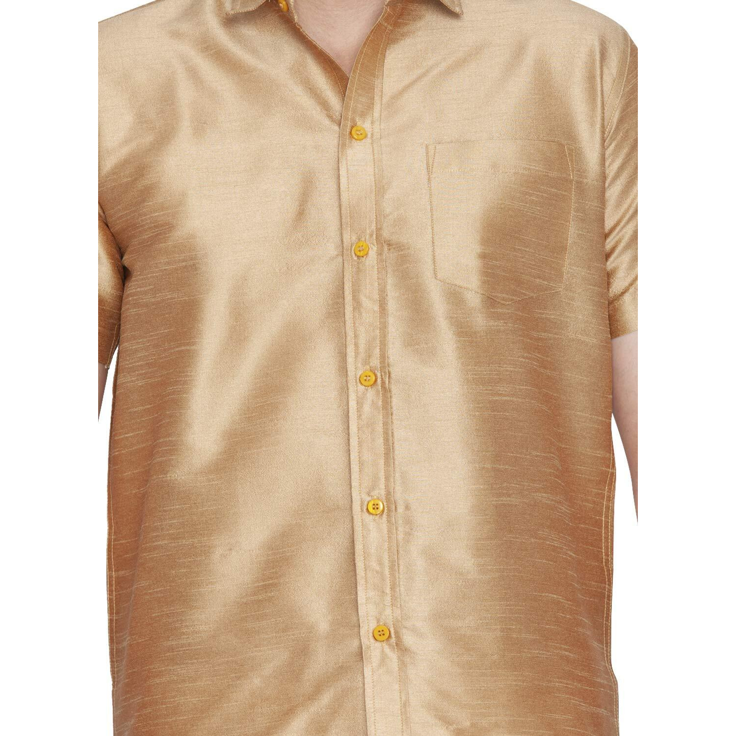 VASTRAMAY Men Gold Cotton Silk Shirt and Dhoti Set (VASMSH001RGnMU1_46)