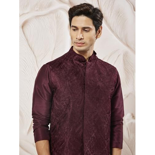 VASTRAMAY Men's Maroon Nehru Jacket - Allover Embroidered Regular Nehru Jacket for Men - Mandarin Collar, Sleeveless, Button Closure & Welt Pocket