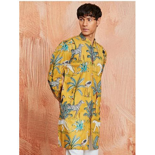 VASTRAMAY Men's Stylish Contemporary Kurta  Modern Ethnic Wear for Festive & Casual Occasions Mustard