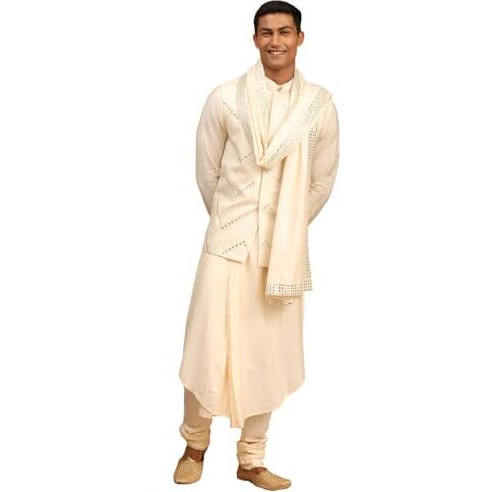VASTRAMAY Men's Cream Viscose Jacket, Kurta and Pyjama Set | Mirror Work Chevron Pattern Chic Jacket and Asymmetric Kurta Pyjama Set For Men With Dupatta