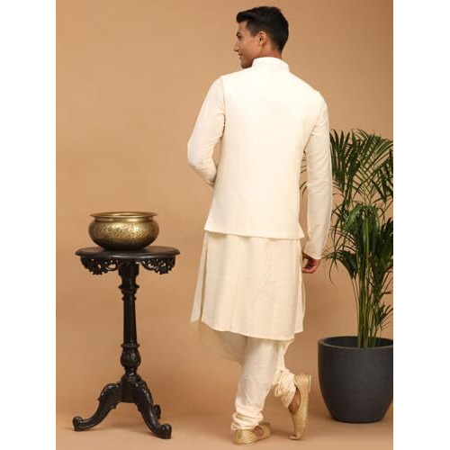 VASTRAMAY Men's Cream Viscose Jacket, Kurta and Pyjama Set | Mirror Work Chevron Pattern Chic Jacket and Asymmetric Kurta Pyjama Set For Men With Dupatta