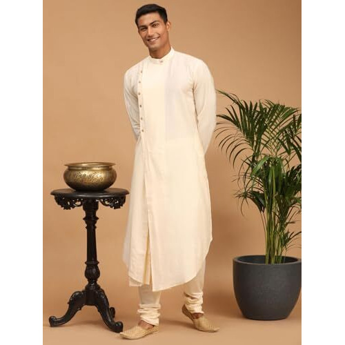 VASTRAMAY Men's Cream Viscose Jacket, Kurta and Pyjama Set | Mirror Work Chevron Pattern Chic Jacket and Asymmetric Kurta Pyjama Set For Men With Dupatta