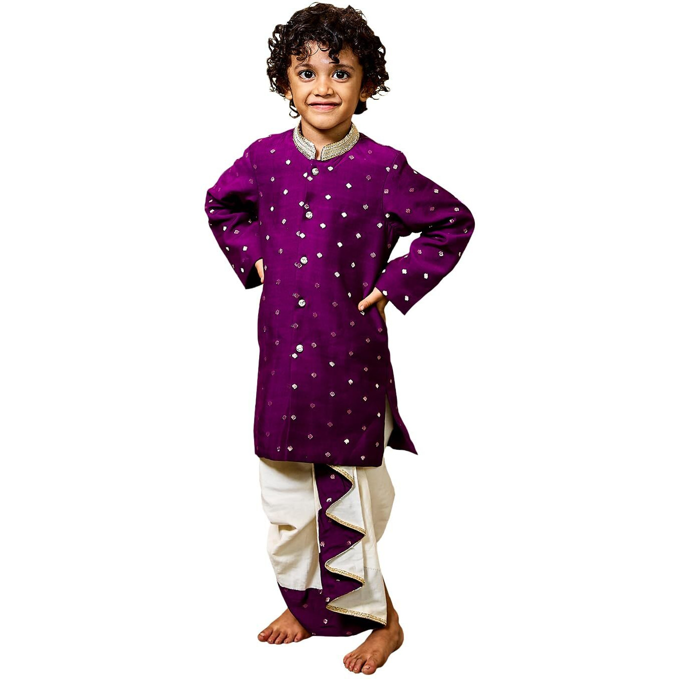 VASTRAMAY Infant Boys' Purple And Cream Chanderi Kurta and Dhoti Set | Chanderi Jacquard sherwani Comes with a tissue dhoti pant with elasticated wasitband,sherwani and dhoti has lace detailing.