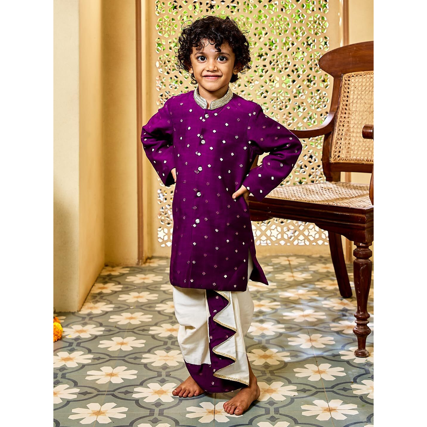 VASTRAMAY Infant Boys' Purple And Cream Chanderi Kurta and Dhoti Set | Chanderi Jacquard sherwani Comes with a tissue dhoti pant with elasticated wasitband,sherwani and dhoti has lace detailing.