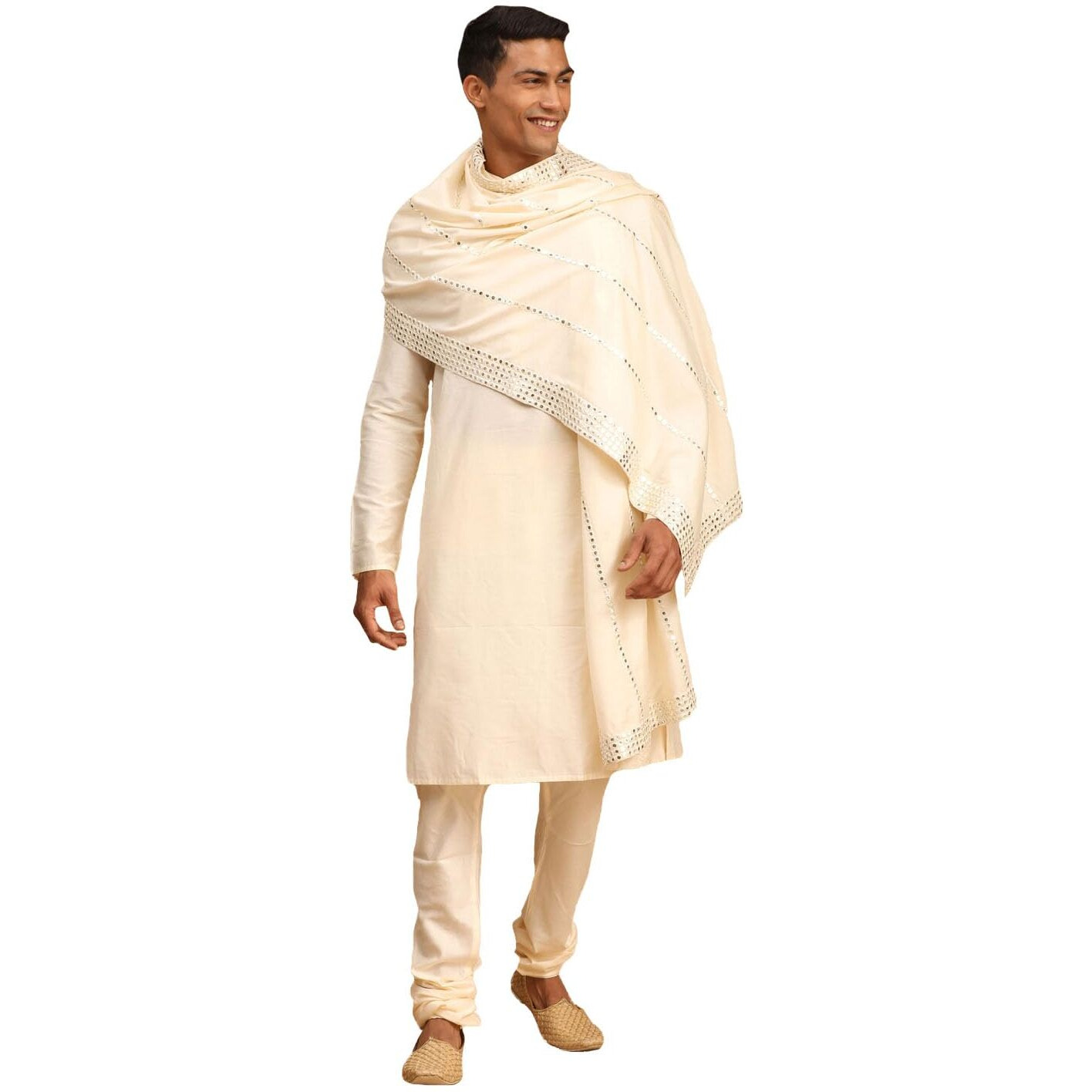 VASTRAMAY Men's Cream Viscose Kurta, Pyjama & Dupatta Set | Solid Kurta And Pyjama Set on Fluid Viscose Fabric of Natural Yarn In Cream Color with White Mirror Dupatta.