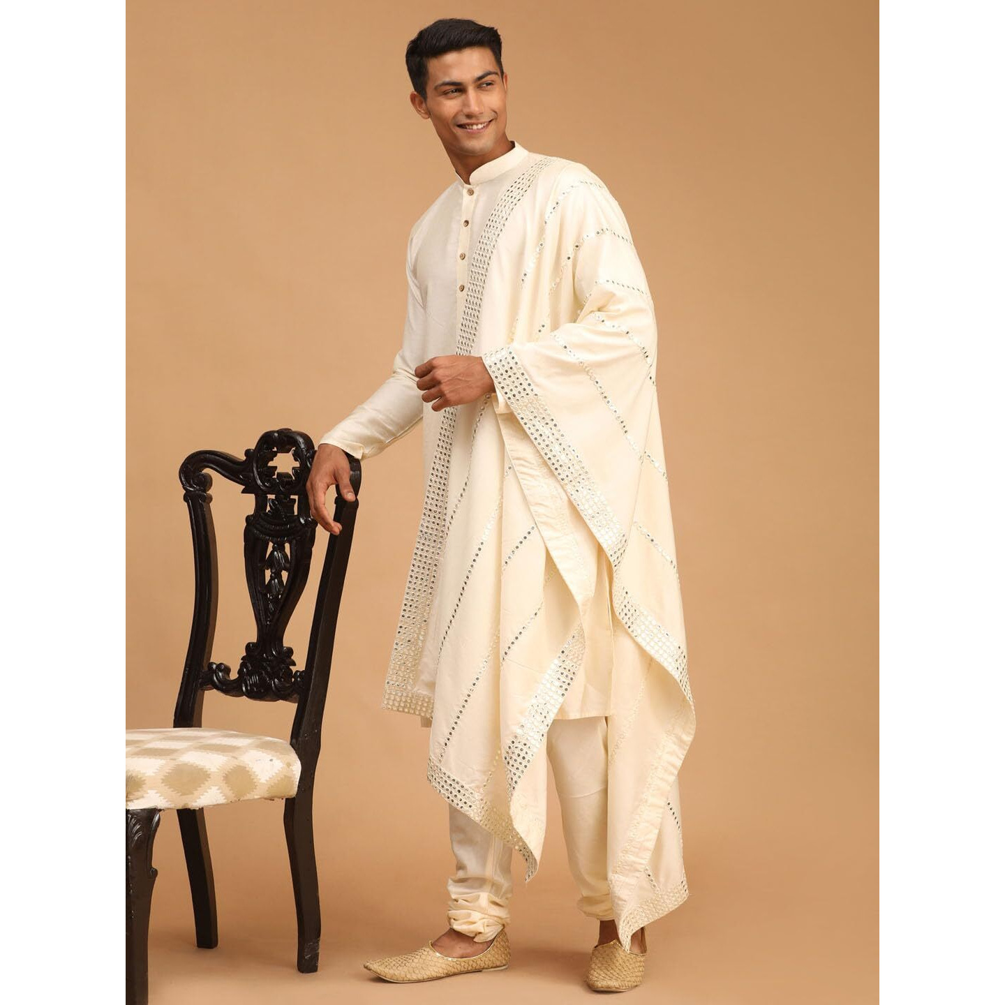 VASTRAMAY Men's Cream Viscose Kurta, Pyjama & Dupatta Set | Solid Kurta And Pyjama Set on Fluid Viscose Fabric of Natural Yarn In Cream Color with White Mirror Dupatta.
